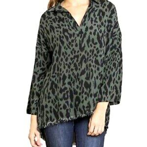 Umgee Women’s Green Black Leopard Top Blouse 3/4 Sleeve Boho Casual Size Small